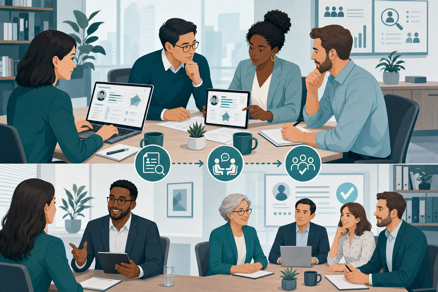 Equipo de RRHH revisando informes psicométricos comparables antes de entrevista y comité
