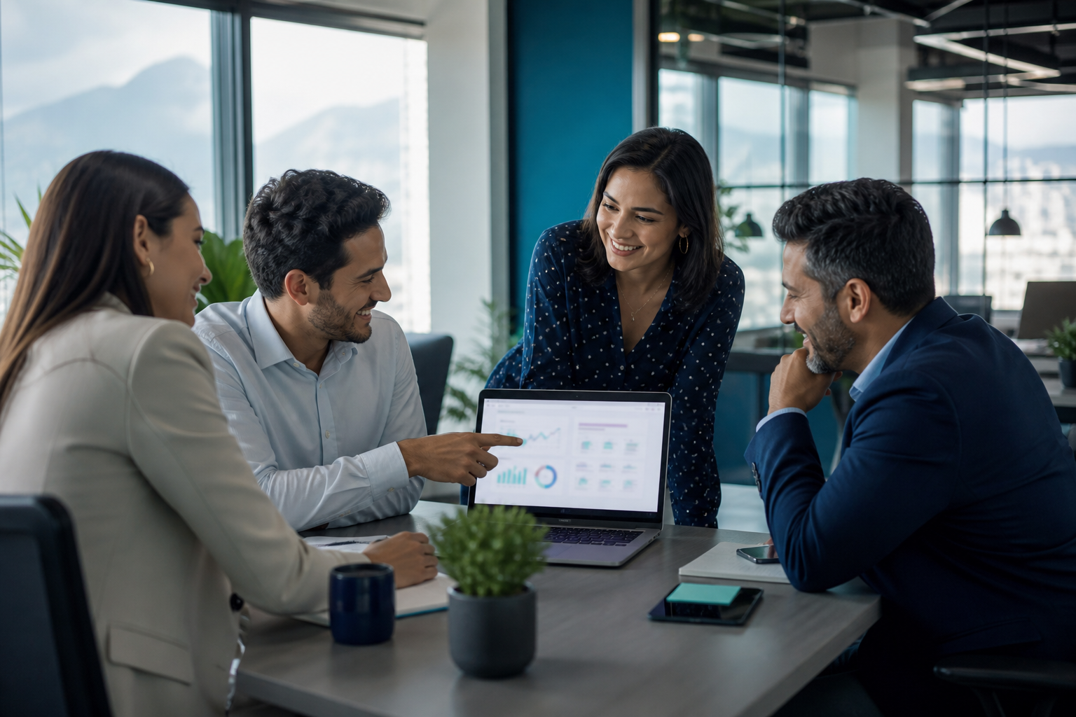 Equipo de recursos humanos en oficina colaborando con informes de evaluación en laptop