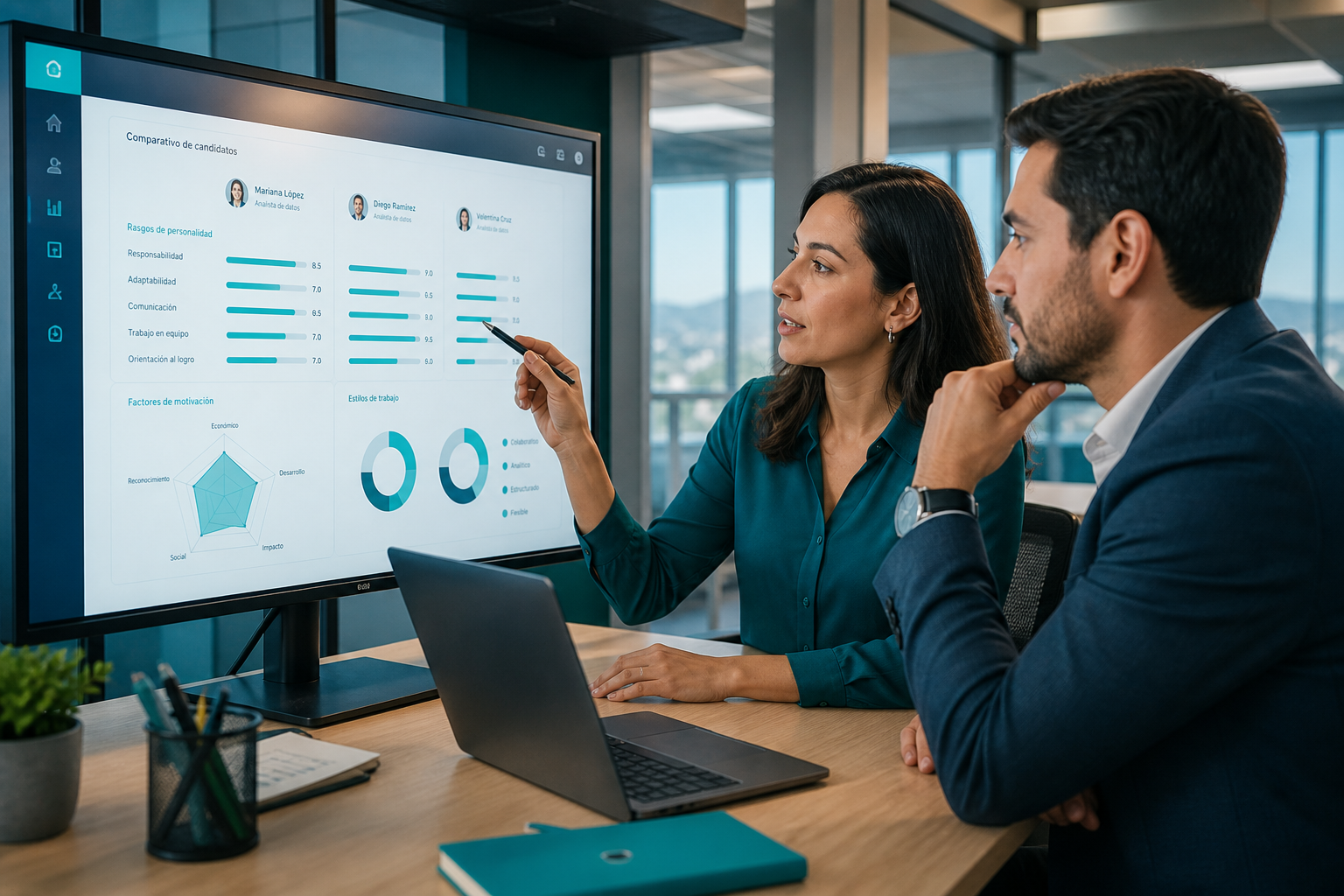 Equipo de RRHH revisando informes de evaluaciones psicométricas en una plataforma digital