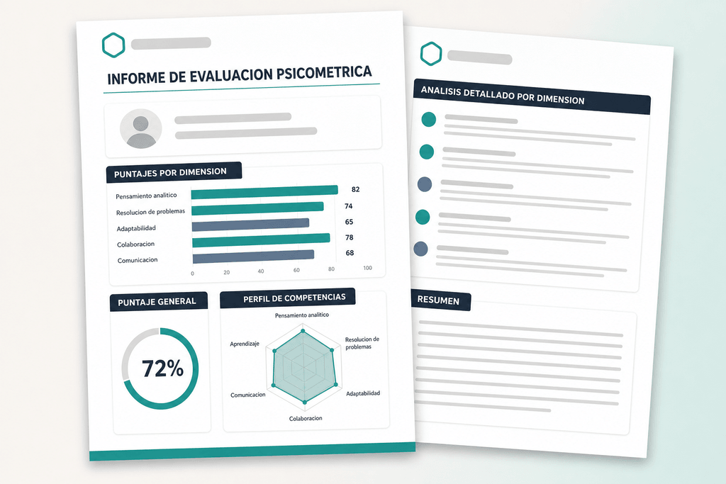 Dos páginas de un informe psicométrico en PDF con logo y colores del aliado, gráficas de puntajes por dimensión y perfil de competencias